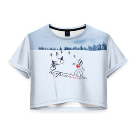 Женская футболка 3D укороченная с принтом Шерегеш в Екатеринбурге, 100% полиэстер | круглая горловина, длина футболки до линии талии, рукава с отворотами | gesh | геш | лыжи | лыжник | сноуборд | шерегеш | шершавель