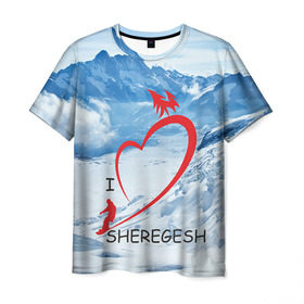 Мужская футболка 3D с принтом Love Sheregesh в Екатеринбурге, 100% полиэфир | прямой крой, круглый вырез горловины, длина до линии бедер | gesh | геш | лыжи | лыжник | сноуборд | шерегеш | шершавель