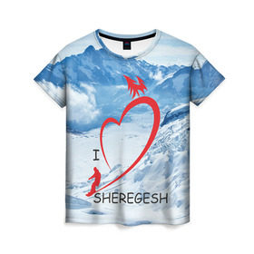 Женская футболка 3D с принтом Love Sheregesh в Екатеринбурге, 100% полиэфир ( синтетическое хлопкоподобное полотно) | прямой крой, круглый вырез горловины, длина до линии бедер | gesh | геш | лыжи | лыжник | сноуборд | шерегеш | шершавель