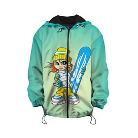 Детская куртка 3D с принтом Snowboard girl 1 в Екатеринбурге, 100% полиэстер | застежка — молния, подол и капюшон оформлены резинкой с фиксаторами, по бокам — два кармана без застежек, один потайной карман на груди, плотность верхнего слоя — 90 г/м2; плотность флисового подклада — 260 г/м2 | extreme | girl | snowboard | девушка | сноуборд | экстрим