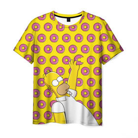 Мужская футболка 3D с принтом Пончики Гомера Симпсона в Екатеринбурге, 100% полиэфир | прямой крой, круглый вырез горловины, длина до линии бедер | donut | homer | simpson | гомер | еда | плюшка | пончик | симпсон