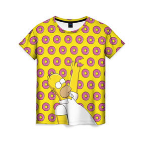 Женская футболка 3D с принтом Пончики Гомера Симпсона в Екатеринбурге, 100% полиэфир ( синтетическое хлопкоподобное полотно) | прямой крой, круглый вырез горловины, длина до линии бедер | donut | homer | simpson | гомер | еда | плюшка | пончик | симпсон