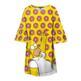 Детское платье 3D с принтом Пончики Гомера Симпсона в Екатеринбурге, 100% полиэстер | прямой силуэт, чуть расширенный к низу. Круглая горловина, на рукавах — воланы | donut | homer | simpson | гомер | еда | плюшка | пончик | симпсон