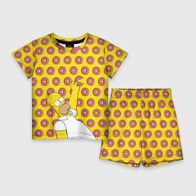 Детский костюм с шортами 3D с принтом Пончики Гомера Симпсона в Екатеринбурге,  |  | donut | homer | simpson | гомер | еда | плюшка | пончик | симпсон