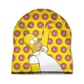 Шапка 3D с принтом Пончики Гомера Симпсона в Екатеринбурге, 100% полиэстер | универсальный размер, печать по всей поверхности изделия | Тематика изображения на принте: donut | homer | simpson | гомер | еда | плюшка | пончик | симпсон