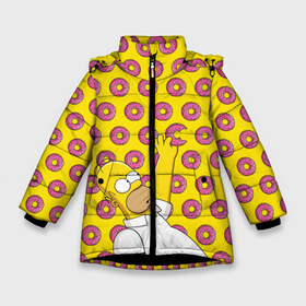 Зимняя куртка для девочек 3D с принтом Пончики Гомера Симпсона в Екатеринбурге, ткань верха — 100% полиэстер; подклад — 100% полиэстер, утеплитель — 100% полиэстер. | длина ниже бедра, удлиненная спинка, воротник стойка и отстегивающийся капюшон. Есть боковые карманы с листочкой на кнопках, утяжки по низу изделия и внутренний карман на молнии. 

Предусмотрены светоотражающий принт на спинке, радужный светоотражающий элемент на пуллере молнии и на резинке для утяжки. | donut | homer | simpson | гомер | еда | плюшка | пончик | симпсон