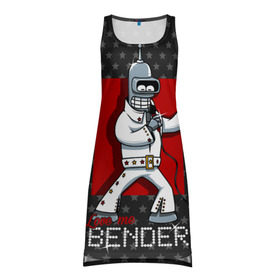 Платье-майка 3D с принтом Bender Presley в Екатеринбурге, 100% полиэстер | полуприлегающий силуэт, широкие бретели, круглый вырез горловины, удлиненный подол сзади. | bender | elvis presley | fry | futurama | hermes | rock n roll | zoidberg | бендер | гермес | зойдберг | робот | рок н ролл | туранга | фрай | футурама | элвис пресли