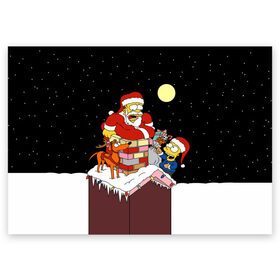 Поздравительная открытка с принтом Симпсон - Санта Клаус в Екатеринбурге, 100% бумага | плотность бумаги 280 г/м2, матовая, на обратной стороне линовка и место для марки
 | bart | christmas | happy new year | homer simpson | the simpsons | барт | гомер | дед мороз | луна | новый год | олень | подарки | санта | снег | собака | сосульки