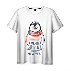 Мужская футболка 3D с принтом Happy New Year в Екатеринбурге, 100% полиэфир | прямой крой, круглый вырез горловины, длина до линии бедер | 2017 | happy new year | holiday | marry christmas | winter | зима | новый год | пингвин | рождество