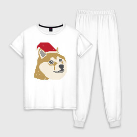 Женская пижама хлопок с принтом Doge новогодний в Екатеринбурге, 100% хлопок | брюки и футболка прямого кроя, без карманов, на брюках мягкая резинка на поясе и по низу штанин | doge | doge новогодний | интернет приколы | новый год | подарок на новый год