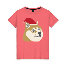 Женская футболка хлопок с принтом Doge новогодний в Екатеринбурге, 100% хлопок | прямой крой, круглый вырез горловины, длина до линии бедер, слегка спущенное плечо | doge | doge новогодний | интернет приколы | новый год | подарок на новый год