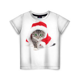 Детская футболка 3D с принтом Новогодняя Киса в Екатеринбурге, 100% гипоаллергенный полиэфир | прямой крой, круглый вырез горловины, длина до линии бедер, чуть спущенное плечо, ткань немного тянется | cat | christmas | new year | winter | дед мороз | зима | кисы | кошки | новый год | рождество