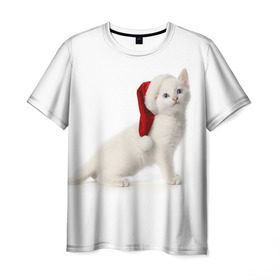 Мужская футболка 3D с принтом Киса в Шапочке в Екатеринбурге, 100% полиэфир | прямой крой, круглый вырез горловины, длина до линии бедер | cat | christmas | new year | winter | дед мороз | зима | кисы | кошки | новый год | рождество