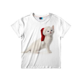 Детская футболка 3D с принтом Киса в Шапочке в Екатеринбурге, 100% гипоаллергенный полиэфир | прямой крой, круглый вырез горловины, длина до линии бедер, чуть спущенное плечо, ткань немного тянется | cat | christmas | new year | winter | дед мороз | зима | кисы | кошки | новый год | рождество