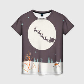 Женская футболка 3D с принтом Олени Санты в Екатеринбурге, 100% полиэфир ( синтетическое хлопкоподобное полотно) | прямой крой, круглый вырез горловины, длина до линии бедер | christmas | new year | winter | дед мороз | зима | новый год | рождество