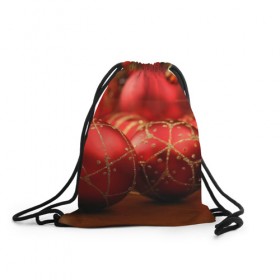 Рюкзак-мешок 3D с принтом Красные украшения в Екатеринбурге, 100% полиэстер | плотность ткани — 200 г/м2, размер — 35 х 45 см; лямки — толстые шнурки, застежка на шнуровке, без карманов и подкладки | Тематика изображения на принте: елка | игрушки | красный | новый год | праздник | украшения