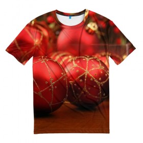 Мужская футболка 3D с принтом Красные украшения в Екатеринбурге, 100% полиэфир | прямой крой, круглый вырез горловины, длина до линии бедер | елка | игрушки | красный | новый год | праздник | украшения