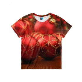 Детская футболка 3D с принтом Красные украшения в Екатеринбурге, 100% гипоаллергенный полиэфир | прямой крой, круглый вырез горловины, длина до линии бедер, чуть спущенное плечо, ткань немного тянется | Тематика изображения на принте: елка | игрушки | красный | новый год | праздник | украшения
