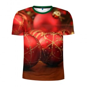 Мужская футболка 3D спортивная с принтом Красные украшения в Екатеринбурге, 100% полиэстер с улучшенными характеристиками | приталенный силуэт, круглая горловина, широкие плечи, сужается к линии бедра | елка | игрушки | красный | новый год | праздник | украшения