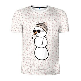 Мужская футболка 3D спортивная с принтом Крутой снеговик 2 в Екатеринбурге, 100% полиэстер с улучшенными характеристиками | приталенный силуэт, круглая горловина, широкие плечи, сужается к линии бедра | зима | новогодний | очки | паттерн | рождество | снежинки