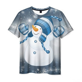Мужская футболка 3D с принтом С Новым годом! в Екатеринбурге, 100% полиэфир | прямой крой, круглый вырез горловины, длина до линии бедер | рождество | снеговик | снежинки