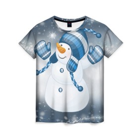 Женская футболка 3D с принтом С Новым годом! в Екатеринбурге, 100% полиэфир ( синтетическое хлопкоподобное полотно) | прямой крой, круглый вырез горловины, длина до линии бедер | рождество | снеговик | снежинки