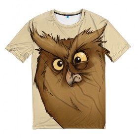 Мужская футболка 3D с принтом Грустная сова в Екатеринбурге, 100% полиэфир | прямой крой, круглый вырез горловины, длина до линии бедер | глаза | клюв | пернатые | перья | прикольные картинки | птица | сова
