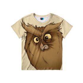 Детская футболка 3D с принтом Грустная сова в Екатеринбурге, 100% гипоаллергенный полиэфир | прямой крой, круглый вырез горловины, длина до линии бедер, чуть спущенное плечо, ткань немного тянется | глаза | клюв | пернатые | перья | прикольные картинки | птица | сова