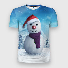 Мужская футболка 3D спортивная с принтом Снеговик в Екатеринбурге, 100% полиэстер с улучшенными характеристиками | приталенный силуэт, круглая горловина, широкие плечи, сужается к линии бедра | happy new year | блеск | ёлка | зима | игрушки. праздник | конфетти | новый год | подарки | снег