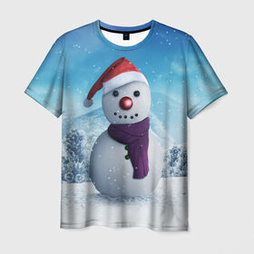 Мужская футболка 3D с принтом Снеговик в Екатеринбурге, 100% полиэфир | прямой крой, круглый вырез горловины, длина до линии бедер | happy new year | блеск | ёлка | зима | игрушки. праздник | конфетти | новый год | подарки | снег