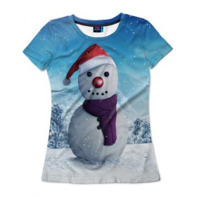 Женская футболка 3D с принтом Снеговик в Екатеринбурге, 100% полиэфир ( синтетическое хлопкоподобное полотно) | прямой крой, круглый вырез горловины, длина до линии бедер | happy new year | блеск | ёлка | зима | игрушки. праздник | конфетти | новый год | подарки | снег