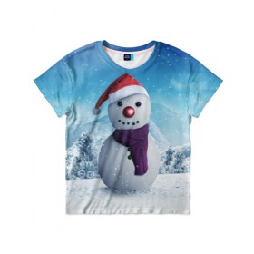 Детская футболка 3D с принтом Снеговик в Екатеринбурге, 100% гипоаллергенный полиэфир | прямой крой, круглый вырез горловины, длина до линии бедер, чуть спущенное плечо, ткань немного тянется | happy new year | блеск | ёлка | зима | игрушки. праздник | конфетти | новый год | подарки | снег