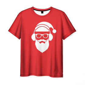 Мужская футболка 3D с принтом Дед мороз в Екатеринбурге, 100% полиэфир | прямой крой, круглый вырез горловины, длина до линии бедер | Тематика изображения на принте: 2017 | аудио | борода | дед мороз | музыка | наушники | новый год | очки | подарки | праздник | усы | хипстер