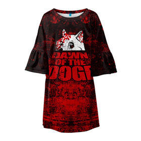Детское платье 3D с принтом Dawn of the Doge в Екатеринбурге, 100% полиэстер | прямой силуэт, чуть расширенный к низу. Круглая горловина, на рукавах — воланы | Тематика изображения на принте: dog | doge | walking dead | zombie | додж | зомби | мем | собака | ходячие мертвецы