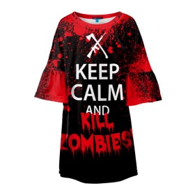 Детское платье 3D с принтом Keep Calm & Kill Zombies в Екатеринбурге, 100% полиэстер | прямой силуэт, чуть расширенный к низу. Круглая горловина, на рукавах — воланы | bone | carl | rick | skelet | skull | walking dead | zombie | граймс | зомби | карл | нежить | нечисть | рик | скелет | ходячие мертвецы | череп