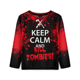 Детский лонгслив 3D с принтом Keep Calm & Kill Zombies в Екатеринбурге, 100% полиэстер | длинные рукава, круглый вырез горловины, полуприлегающий силуэт
 | Тематика изображения на принте: bone | carl | rick | skelet | skull | walking dead | zombie | граймс | зомби | карл | нежить | нечисть | рик | скелет | ходячие мертвецы | череп