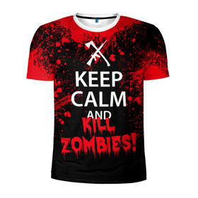 Мужская футболка 3D спортивная с принтом Keep Calm & Kill Zombies в Екатеринбурге, 100% полиэстер с улучшенными характеристиками | приталенный силуэт, круглая горловина, широкие плечи, сужается к линии бедра | Тематика изображения на принте: bone | carl | rick | skelet | skull | walking dead | zombie | граймс | зомби | карл | нежить | нечисть | рик | скелет | ходячие мертвецы | череп