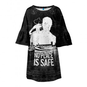 Детское платье 3D с принтом No Place is Safe в Екатеринбурге, 100% полиэстер | прямой силуэт, чуть расширенный к низу. Круглая горловина, на рукавах — воланы | bone | carl | rick | skelet | skull | walking dead | zombie | граймс | зомби | карл | кости | рик | скелет | ходячие мертвецы | череп
