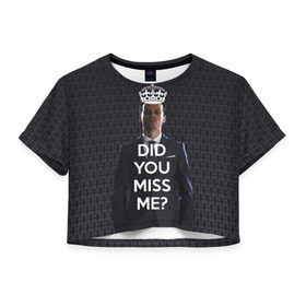 Женская футболка 3D укороченная с принтом Keep Calm & Miss Me в Екатеринбурге, 100% полиэстер | круглая горловина, длина футболки до линии талии, рукава с отворотами | Тематика изображения на принте: holmes | sherlock | мориарти | профессор | холмс | шерлок