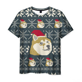 Мужская футболка 3D с принтом Doge новогодний в Екатеринбурге, 100% полиэфир | прямой крой, круглый вырез горловины, длина до линии бедер | Тематика изображения на принте: 2017 | doge | doge новогодний | интернет приколы | новый год | подарок на новый год