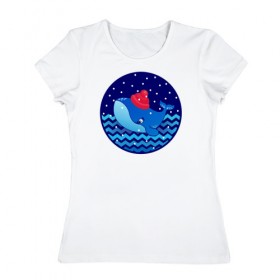 Женская футболка хлопок с принтом Синий кит зимой в Екатеринбурге, 100% хлопок | прямой крой, круглый вырез горловины, длина до линии бедер, слегка спущенное плечо | большой синий кит | волны | зима | новый год | океан | синий кит в шапке | снег