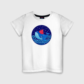 Детская футболка хлопок с принтом Синий кит зимой в Екатеринбурге, 100% хлопок | круглый вырез горловины, полуприлегающий силуэт, длина до линии бедер | большой синий кит | волны | зима | новый год | океан | синий кит в шапке | снег