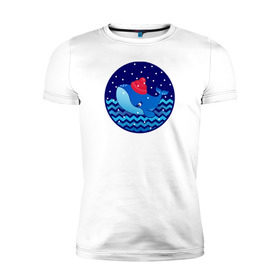 Мужская футболка премиум с принтом Синий кит зимой в Екатеринбурге, 92% хлопок, 8% лайкра | приталенный силуэт, круглый вырез ворота, длина до линии бедра, короткий рукав | Тематика изображения на принте: большой синий кит | волны | зима | новый год | океан | синий кит в шапке | снег