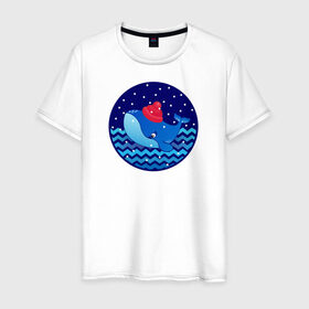 Мужская футболка хлопок с принтом Синий кит зимой в Екатеринбурге, 100% хлопок | прямой крой, круглый вырез горловины, длина до линии бедер, слегка спущенное плечо. | Тематика изображения на принте: большой синий кит | волны | зима | новый год | океан | синий кит в шапке | снег