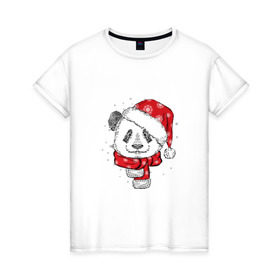 Женская футболка хлопок с принтом Панда-санта в Екатеринбурге, 100% хлопок | прямой крой, круглый вырез горловины, длина до линии бедер, слегка спущенное плечо | christmas | new year | winter | зима | новый год | рождество