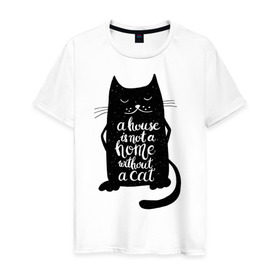 Мужская футболка хлопок с принтом Черный кот в Екатеринбурге, 100% хлопок | прямой крой, круглый вырез горловины, длина до линии бедер, слегка спущенное плечо. | кот | котенок | кошка | мяу