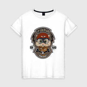 Женская футболка хлопок с принтом Кот-гонщик в Екатеринбурге, 100% хлопок | прямой крой, круглый вырез горловины, длина до линии бедер, слегка спущенное плечо | гонки | кот | котенок | кошка | мотоцикл | мяу | шлем