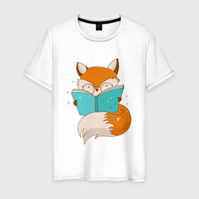 Мужская футболка хлопок с принтом Лисица с книгой в Екатеринбурге, 100% хлопок | прямой крой, круглый вырез горловины, длина до линии бедер, слегка спущенное плечо. | лиса | лисенок | лисица | лисичка