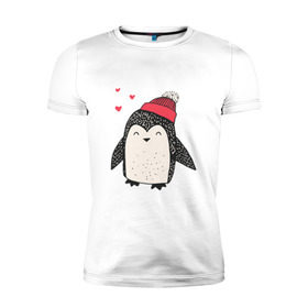 Мужская футболка премиум с принтом Пингвин в шапке в Екатеринбурге, 92% хлопок, 8% лайкра | приталенный силуэт, круглый вырез ворота, длина до линии бедра, короткий рукав | christmas | new year | winter | зима | новый год | пингвин | рождество