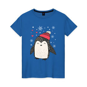 Женская футболка хлопок с принтом Пингвин в шапке в Екатеринбурге, 100% хлопок | прямой крой, круглый вырез горловины, длина до линии бедер, слегка спущенное плечо | christmas | new year | winter | зима | новый год | пингвин | рождество